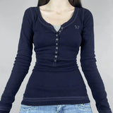 Vintage Embroidery Top-stitching Breasted Long Sleeve Tee-Outfit
