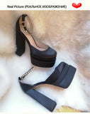 Onlymaker Square Toe Sandals Platform Thick High Heels Solid Mixed Colors Crystal Buckle Stain Sandals Graceful Women
