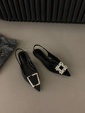 Zingj Flat Black Head Sandals Fairy Shoes 2023 New Spring And Summer Pointed Rhinestone Temperament Single