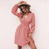 Summer Casual Chiffon Solid Color V-neck Slim A-line Midi Dress 2022 Fashion Elastic Waist Jacquard Dresses For
