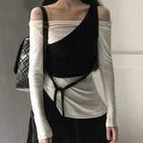 Spring Slim Fit Two Pieces Set Women Grunge Solid Pleated Split Tops + Sleeveless Solid One Shoulder Vest Y2k