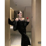 Zingj New Light Luxury French Condole Dress Female Autumn Velvet Fishtail Temperament Black Sequined Evening Dress