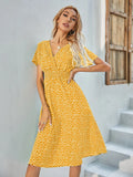 Printed Casual Beach Midi Dresses Women Summer V-neck Short Sleeve Empire Waist A-Line Dress Sundress Vestido Robes