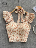 Zingj Summer Floral Strap Tops Women Square Neck Bow Ruffles Short Camisole Fashion Korean Flower Ladies Elastic Waist Top 211-0-Outfit