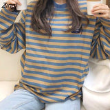 Sleeve T-shirts Women Retro Striped Classic Korean College Spring Autumn Teens Tops Tee All-match Daily Lovely Girls