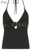 Mall Goth V Neck Strap Corset Top Fashion Lace Up Punk Style Crop Top Ruffles Slim Summer Tops Female Gothic