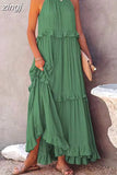 Casual Long Dress Women Summer Female Ruffle Pullover Beach Dresses Ladies Elegant Sleeveless Hollow Tie-Up Party