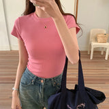 Shoulder Threaded Solid Color Round Collar Short-Sleeved T-Shirt Women's Spring And Summer New Tight And Thin