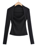 New Fashion Spring Women's Clothes Solid Skinny Sexy Tops Lust Fake Two Long Sleeve Deep Square Collar