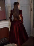 Winter Vintage Christmas Red Velvet Dress French Elegant Square Collar Evening Party Prom Vestidos Women