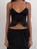 Vintage Women Lace Crop Camis Tops Sleeveless Spaghetti Strap Irregular Hem Tank V-neck Mesh See Through Summer