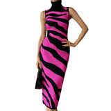 High-Neckless Sleeveless Striped Bag-Butyle Slimmed Sexy Knitted Dress