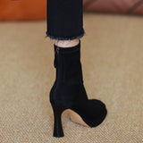 Zingj New 2024 Autumn And Winter Female Frosted Elastic High Heel Thick Heel Square Head Waterproof Platform Package Leg Thin Boots Ankle Boots High