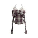 Hanging Neck Shoulder Mesh Yarn Long-Sleeved Top Design Y2k Short Repair T-Shirt