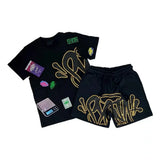 Aesthetics Male Gothic 2-Piece Hip-Hop Alphabet Print 0-Collar T-Shirt + Rope Wide Legs And