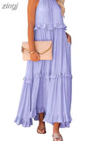 Casual Long Dress Women Summer Female Ruffle Pullover Beach Dresses Ladies Elegant Sleeveless Hollow Tie-Up Party