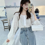 Women Blouses Floral Single Breasted O-neck Chiffon Patchwork Sweet Tender Elegant Lantern Sleeve Ulzzang Fairy Retro Shirts