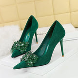 Zingj Korean Version Banquet High-Heeled Shoes Women Thin Heel Suede Shallow Mouth Pointed Gem Water Diamond Bow Single
