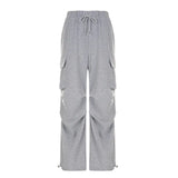Zingj Spice Girl Asymmetrical Multi-Pocket Pleated Straight Leg Pants Women's Low Waist Draw Rope Loose Overalls Casual