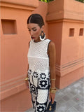 Women Hollow Crochet Pants Suit Fashion Round Neck Sleeveless Veat Wide Leg Pants 2-pieces Set Summer Women's Highstreet