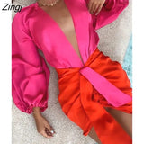 Sexy Deep V-neck Satin Two Piece Set Women Long Sleeve Top Short Skirt Sets Matching Casual Partywear Winter Women