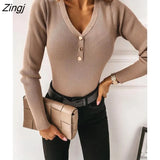 PETAL Ribbed V-Neck Buttoned Sweater For Women Casual Long Sleeve Pullovers Top 2023 Autumn Winter Knitwear
