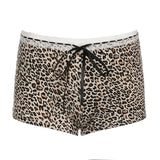 Zingj Leopard Print Lace Stitching Lace Casual Shorts Low Waist Lace Bow Slim Knit