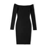 Sexy knitted off shoulder Cut Out Bodycon Solid Slim Dress Knee Length Long Sleeve Backless Casual Pencil