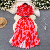 Zingj Familiar Style Minority Women's Dress 2024 Summer New Design Sensitive Wood Ear Waist Printing Elegant Long
