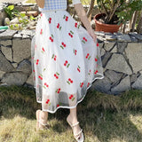 Skirt Women Vintage Embroidery Elastic High Waist A-Line Mesh Pleated Skirt Female Midi