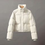 2024 Korean Version Of Short Standing Collar Small Down Cotton Clothing Female Simple Loose Version Of Zipper Bread Coat Solid Color-Outfit
