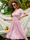 Printed Casual Beach Midi Dresses Women Summer V-neck Short Sleeve Empire Waist A-Line Dress Sundress Vestido Robes