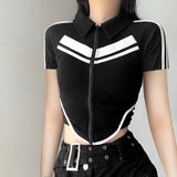 Black-And-White Color Matching Function Wind Zipper Short-Sleeved T-Shirt Street Trend Slim Hot Girl Navel Blouse