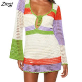 Women Long Sleeve Splicing Crochet Deep Neck Patch Color Summer Holiday Beach Sunscreen Cutout Short Cover Up