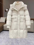 Autumn Winter New Station Hooded Down Jacket Female Long Style Reduce Age Thickening Warm White Duck Down Coat Tide-Outfit