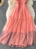 Women Sexy Mesh Spaghetti Strap Long Dress Summer Orange/Purple/Blue/Pink Ruffle A-Line Beach Robe Female Elegant Party