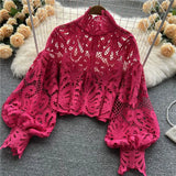 Lace Hollow Out Short Blouse Casual Lantern Long Sleeve Stand Collar Shirts Female Elegant Red/Pink/White Loose Tops
