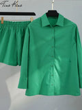 Tracksuit 2022 Shirt Shorts Two Piece Set Green Long Sleeve Top And Mini Shorts Suit Female Summer Lady Fashion