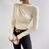 Summer Solid Color Round Collar Repair Shirt Bran Folding Design Women's Long-Sleeved