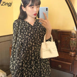Women V-neck Retro Floral Basic All-match Trendy Ulzzang Sweet Ladies Long Dresses Chic Popular Mid-calf Vestido De