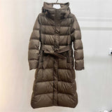 Autumn Winter New Down Jacket Female Long Money Slim Over The Knee Hoodie Waist Show Thin Belt Money Warm Coat Tide-Outfit