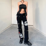 Zingj Cool Goth Wind Waist Print Washed Jeans 2024 Spring And Autumn New Leg Ring Straight