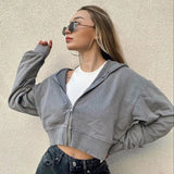 Zip Up jacket Cropped gray Hoodies Women Harajuku Pockets Basic Autumn Jacket Solid Y2K Short Hooded grunge