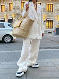 Women Solid One Button Wrinkled Blazer Suits Causal Oversized High Waist Wide Legs Pants Set Fashion Lady Street