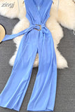 Vintage V-Neck Sleeveless High Waist Jumpsuits Women Elegant Loose Wide Leg Romper With Sashes Female Playsuits New