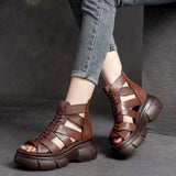 New Fish Mouth Roman Sandals With Thick Soles Raised Open Toe Cool Boots Women's Retro High Top Hollowed-Out Muffin Sandals