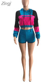 Patchwork Two Piece Set Long Sleeve Hooded Crop Top Biker Shorts Fall Outfits Tracksuit Women Clothes Sexy Matching
