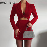 Women Solid Elegant Crop Long Sleeves Notched Collar Mini A-Line Working Sexy Red