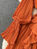 Chiffon Pleated Long Dress Women Vintage V-Neck Flare Sleeve Draped Ruffle Vestido Female Maxi Robe Spring