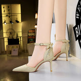 Zingj Hollow High Heels Fine Heel High Heel Shallow Pointed Hollow Out One Word Belt Back Bow
